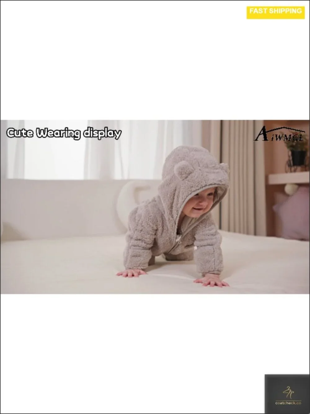 Newborn Baby Bear Fleece Hooded Romper with Fold-Over Mittens and Footies